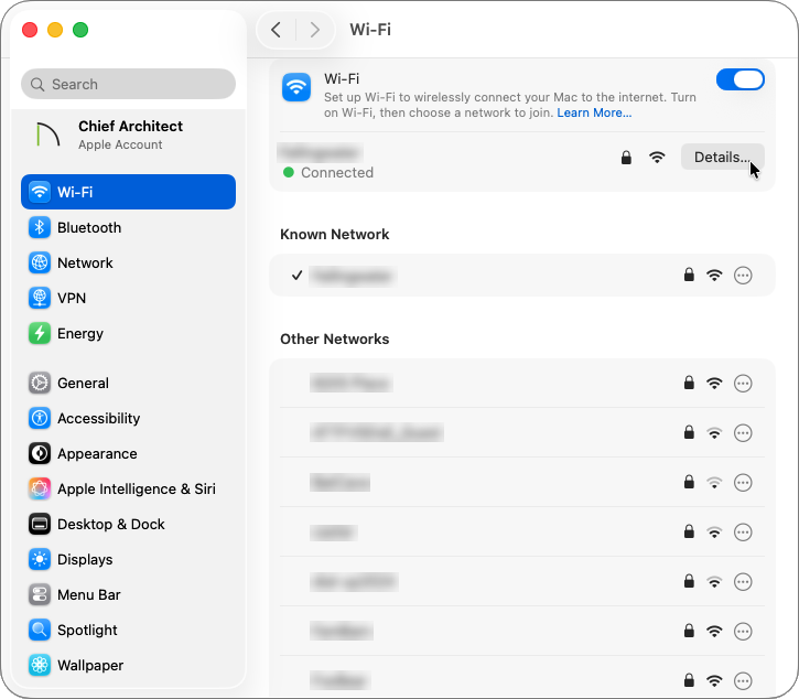 Click on the Details button next to the connected WiFi network