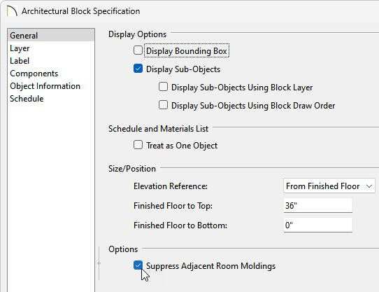 In the Architectural Block Specification make sure Suppress Adjacent Room Moldings is checked.