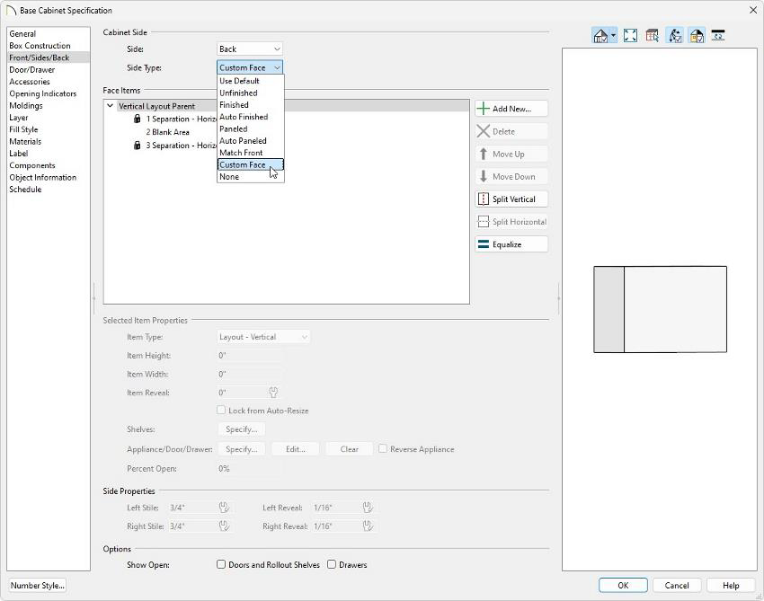 Select the Back Side of the cabinet, and change the Side Type to Custom Face.
