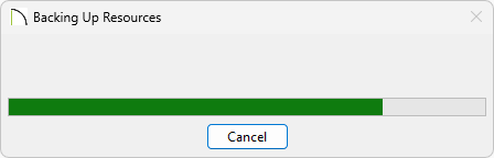 Backing Up Resources dialog showing the progress of the backup