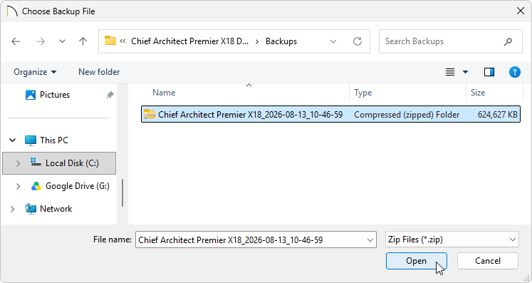 Choose Backup File dialog with a backup selected
