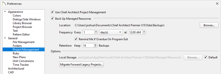 Project Management panel in Preferences