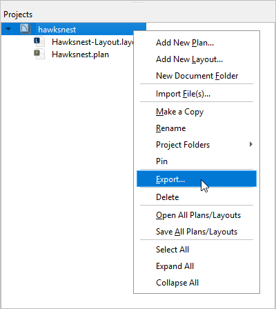 Contextual menu that appears when right-clicking on a project in X17