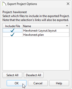 Export Project Options dialog where files can be included or excluded for the export