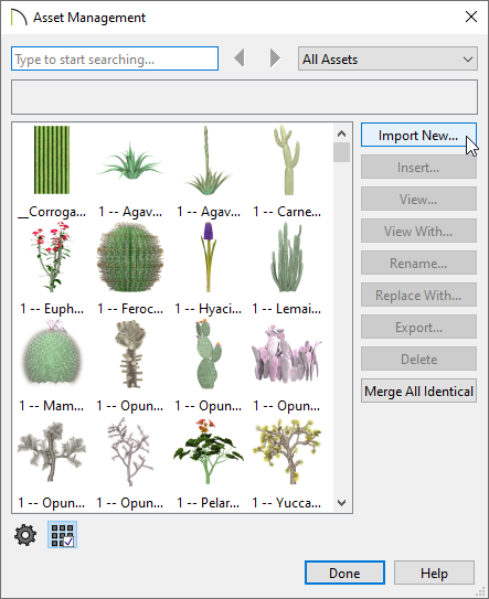 Asset Management dialog where assets can be imported