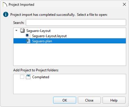 Project Imported dialog stating the project has imported successfully