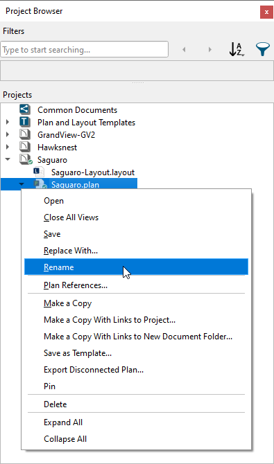 Contextual menu options when right-clicking on a plan or layout