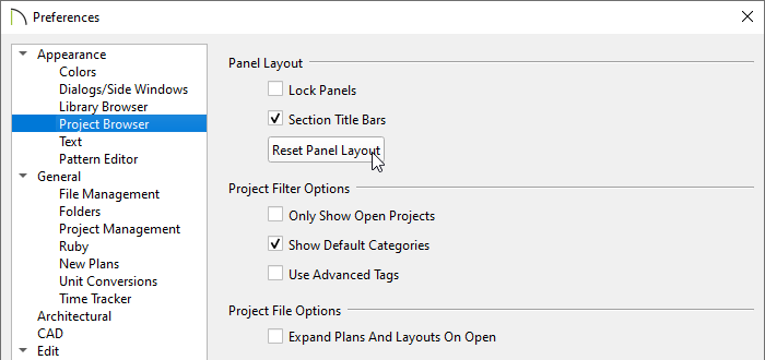 Project Browser panel of Preferences where the Reset Panel Layout button is located
