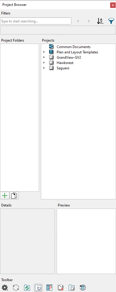 The out of the box configuration of the Project Browser
