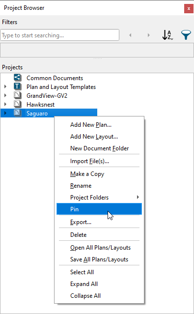 Contextual menu options when right-clicking on a project