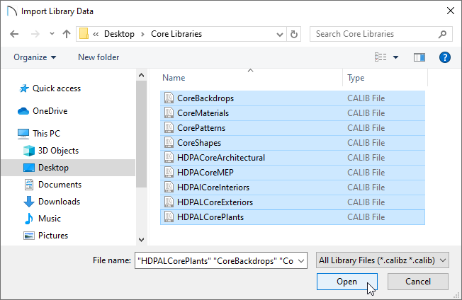 Import Library Data dialog where catalogs can be selected for import