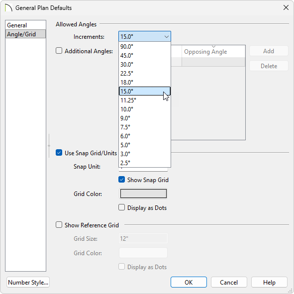 On the Angle/Grid panel of the General Plan Defaults, change the Increments of allowed angle.