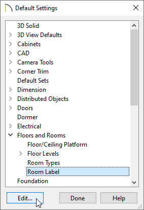 Default Settings dialog with Room Label selected