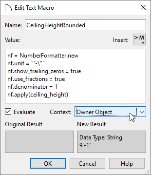 Edit Text Macro dialog where macros can be created