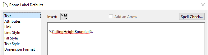 Text panel of the Room Label Defaults dialog