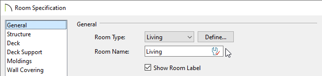 General panel of the Room Specification dialog