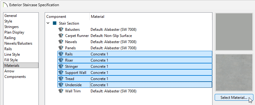 Materials panel of the Staircase Specification.