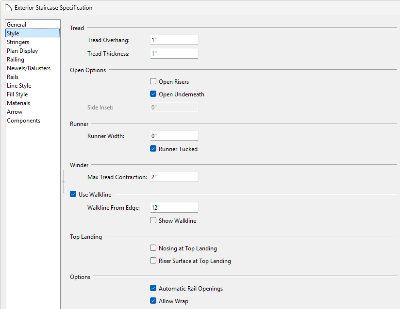 Style panel of the Staircase Specification.