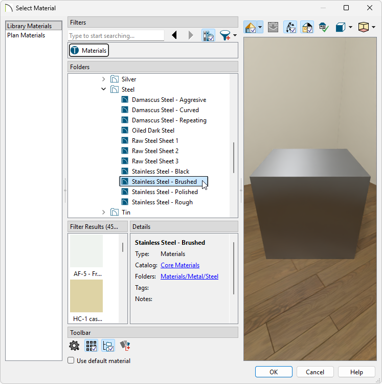 In the Select Material dialog, find and choose a material to use for your elevator.