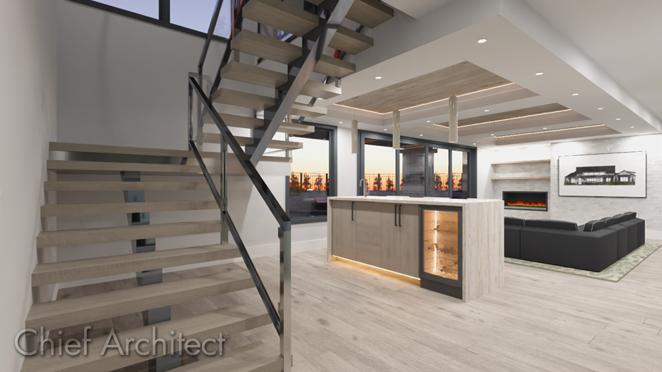 Floating staircase connecting the downstairs living area to the upstairs living area