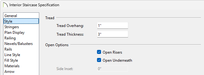Style panel of the Interior Staircase Specification dialog