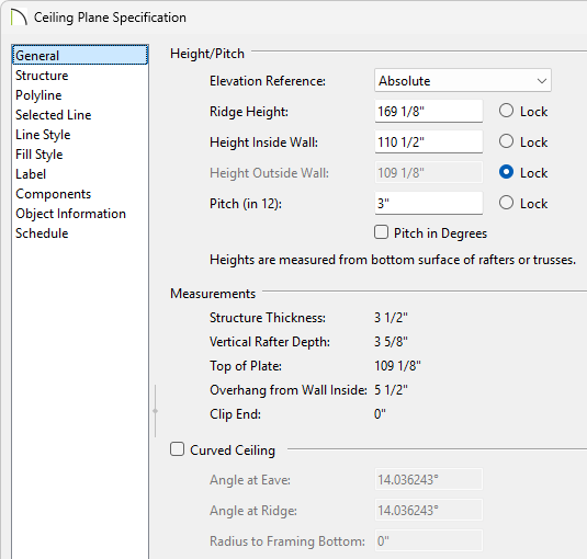Specify your Pitch and Height Outside Wall in the Ceiling Plane Specification.