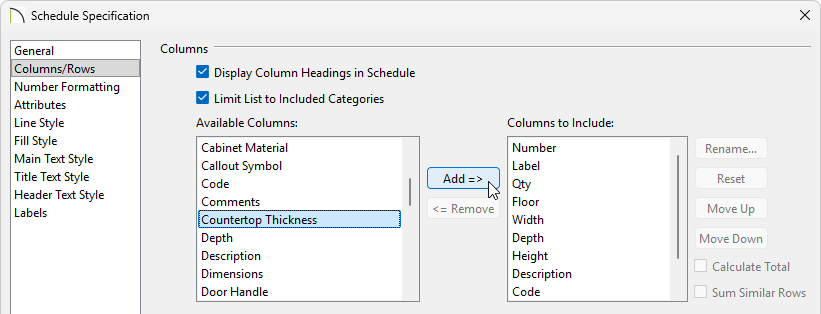 Columns/Rows panel of the Schedule Specification dialog