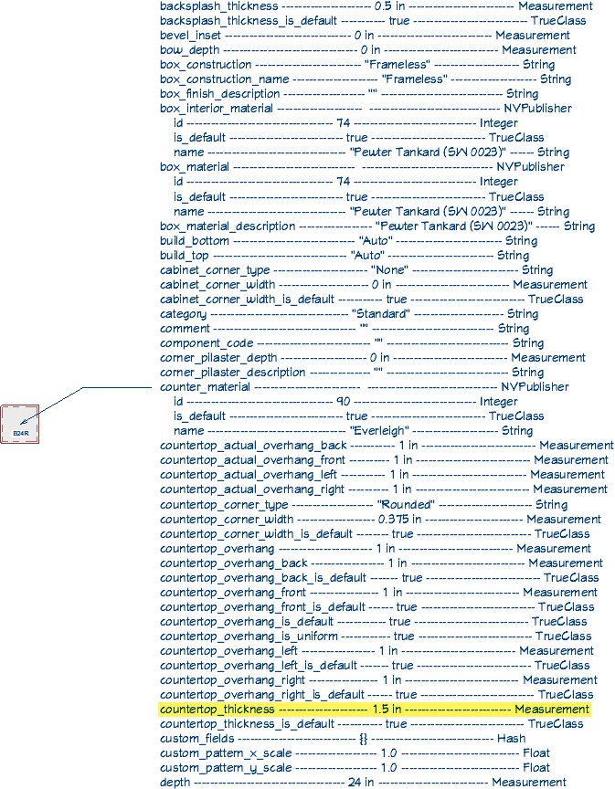 A list of properties with the countertop_thickness property highlighted