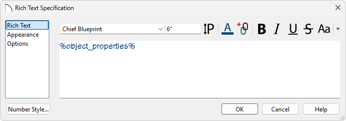 %object_properties% specified in the Rich Text Specification dialog