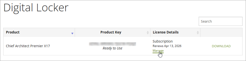 Click on the Manage link located in the License Details column
