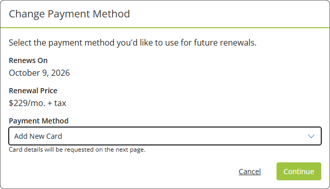 Use the Payment Method drop-down to change the payment method