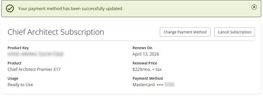 Banner stating the payment method has been updated