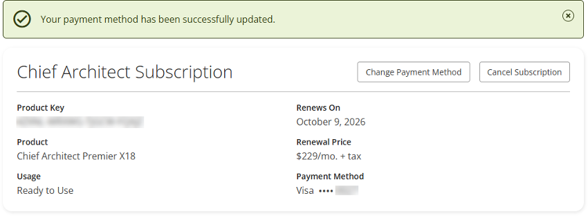 Banner stating the payment method has been updated