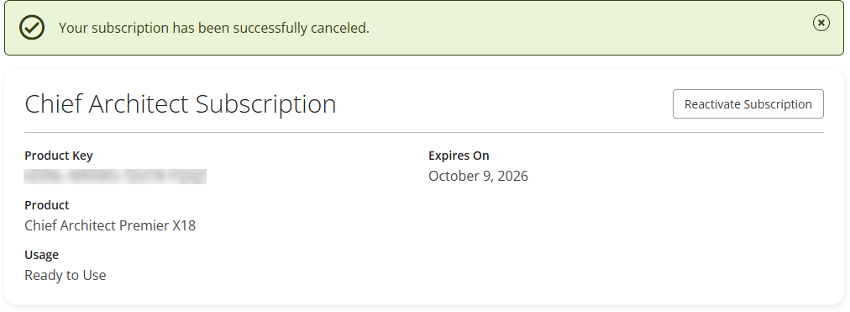 Banner stating the subscription has been canceled.