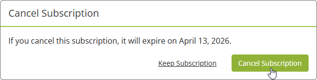 Confirm the cancelation by clicking the Cancel Subscription button.