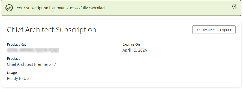 Banner stating the subscription has been canceled.