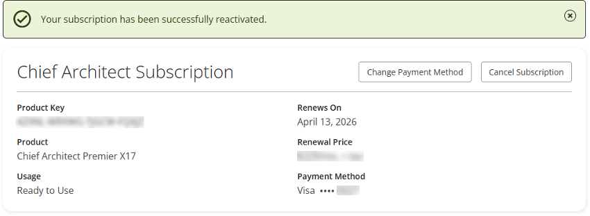 Banner stating the subscription has be