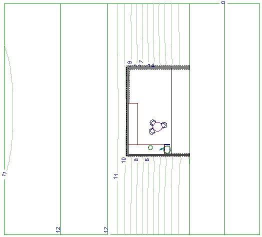 Elevation Lines above and below retaining wall Floor Plan view showing terrain perimeter, elevation lines and U-shaped retaining wall